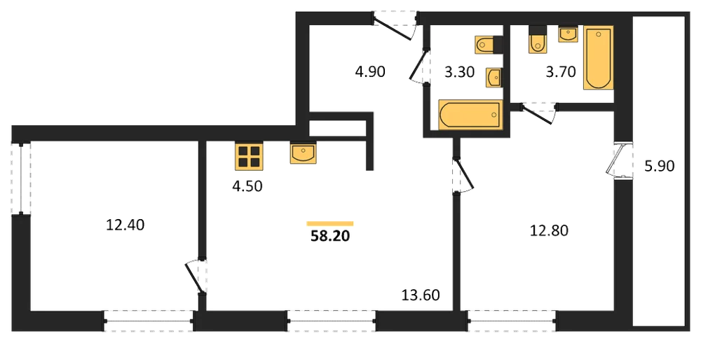 Планировка: 2-комн., 58,2 м²