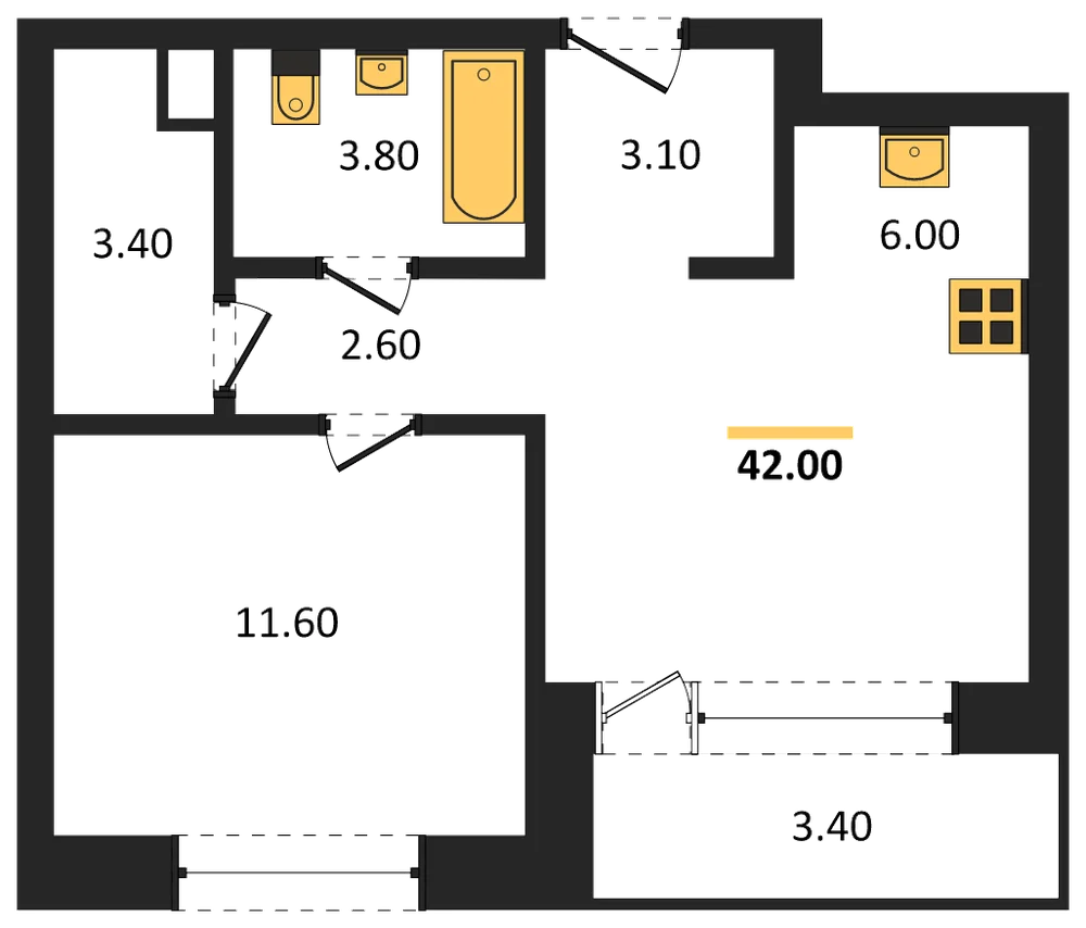 Планировка: 1-комн., 42 м²