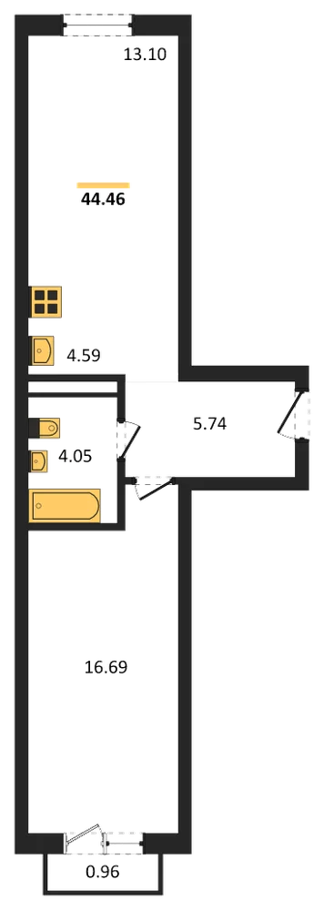 Планировка: 1-комн., 44,5 м²