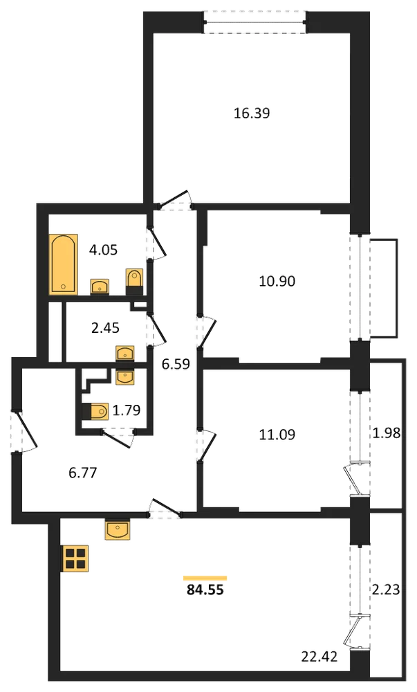Планировка: 3-комн., 84,6 м²