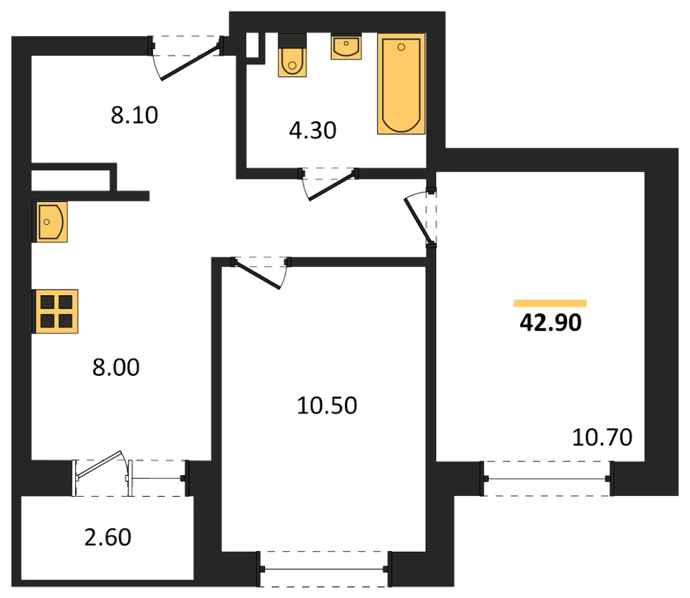 Планировка: 2-комн., 42,9 м²