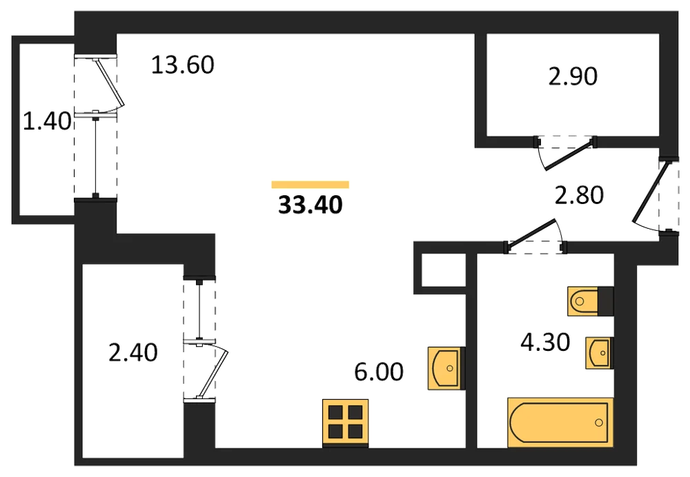 Планировка: Студия, 33,4 м²