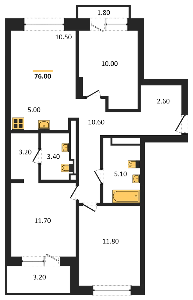 Планировка: 3-комн., 76 м²