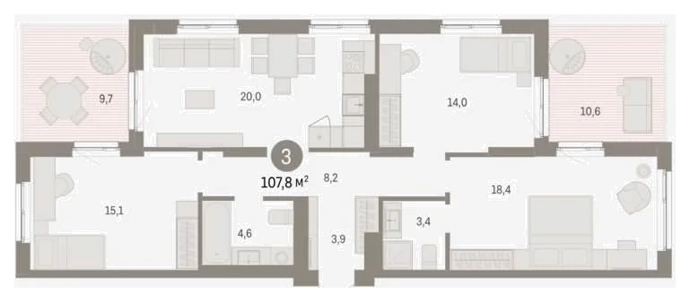 Планировка: 3-комн., 107,8 м²
