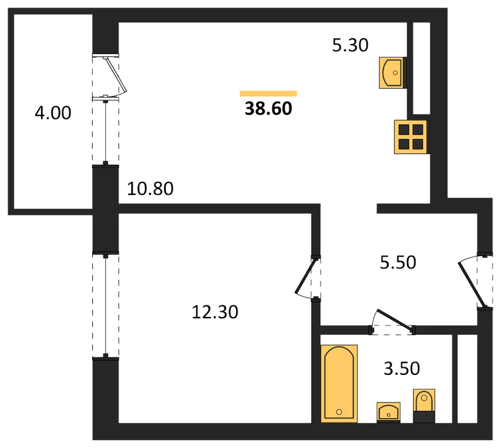 Планировка: 1-комн., 38,6 м²