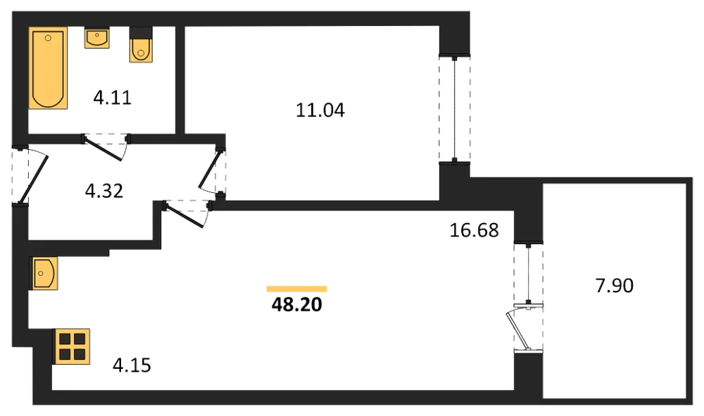 Планировка: 1-комн., 48,2 м²