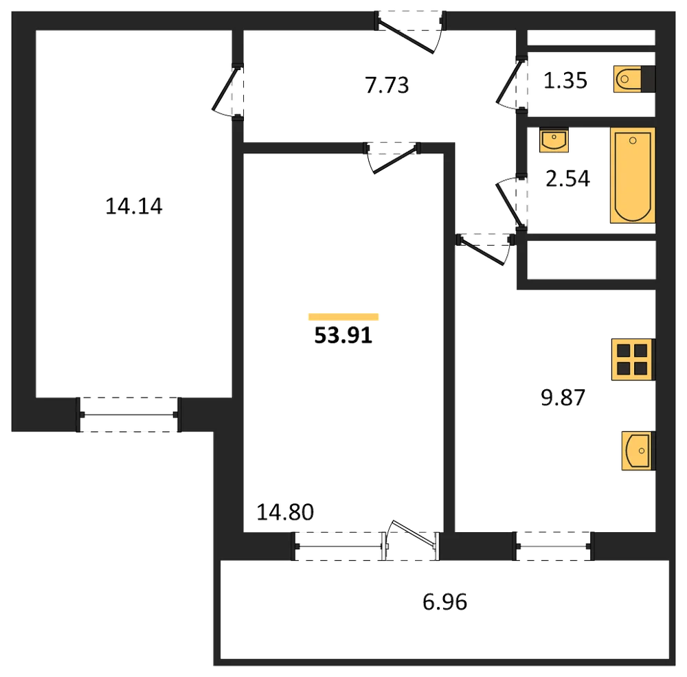 Планировка: 2-комн., 53,9 м²