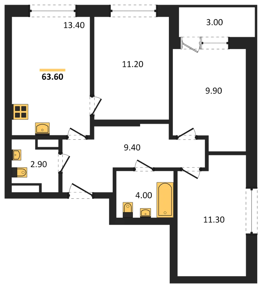 Планировка: 3-комн., 63,6 м²
