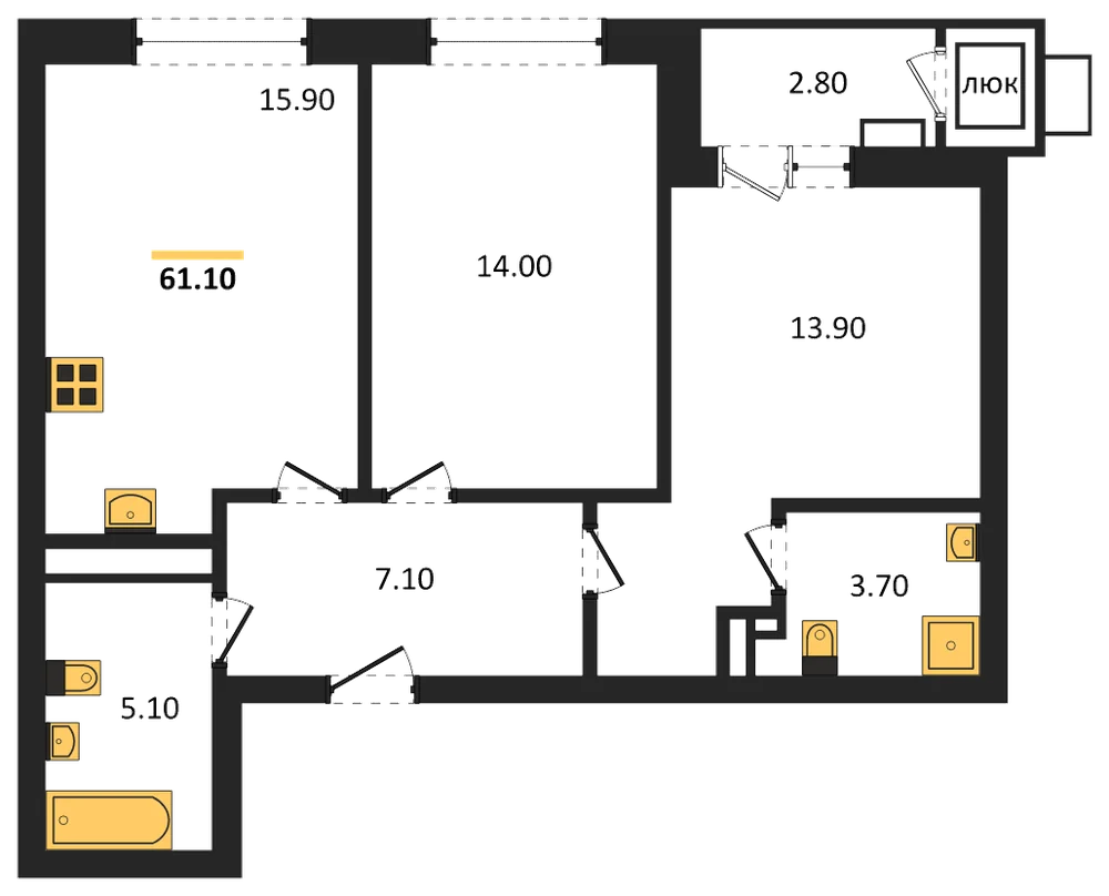 Планировка: 2-комн., 61,1 м²