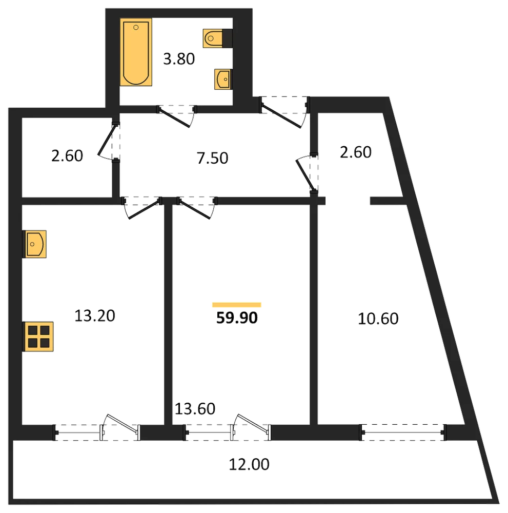 Планировка: 2-комн., 59,4 м²