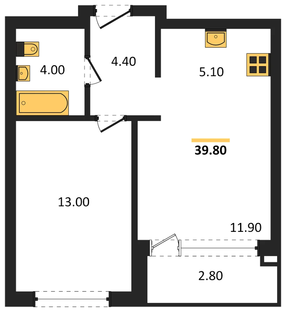 Планировка: 1-комн., 39,8 м²
