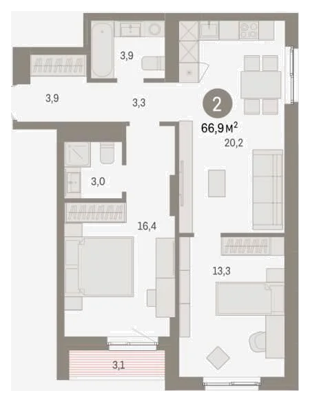 Планировка: 2-комн., 66,9 м²