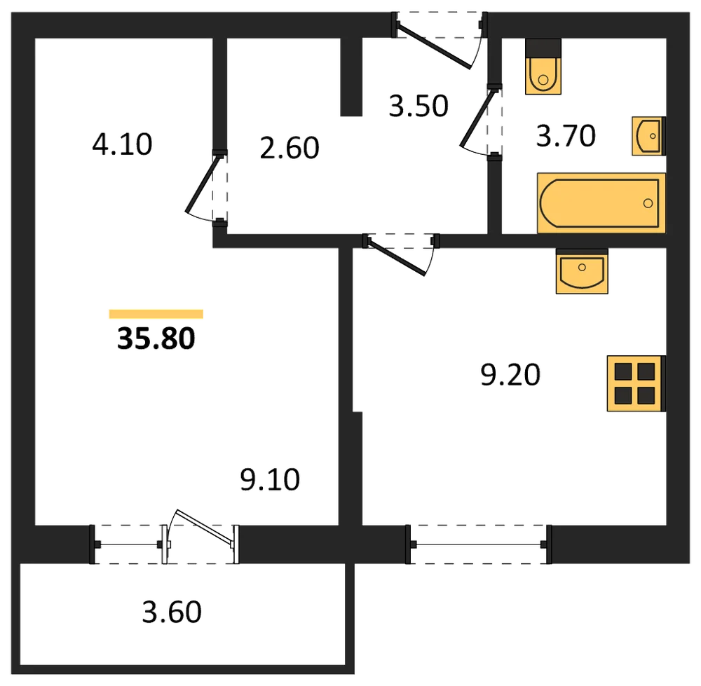 Планировка: 1-комн., 35,8 м²