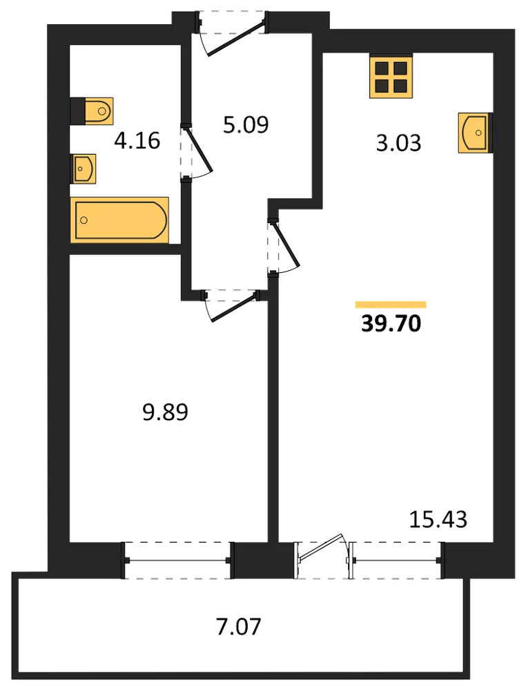 Планировка: 1-комн., 39,7 м²