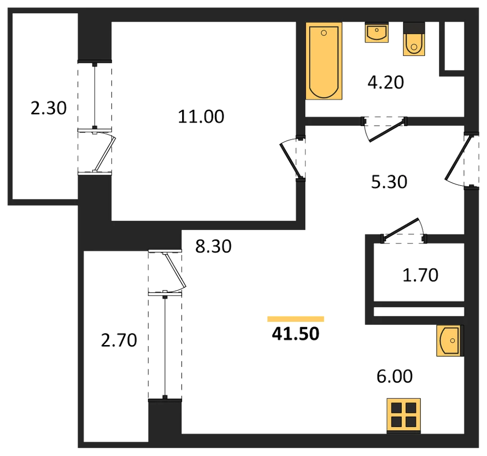 Планировка: 1-комн., 41,5 м²