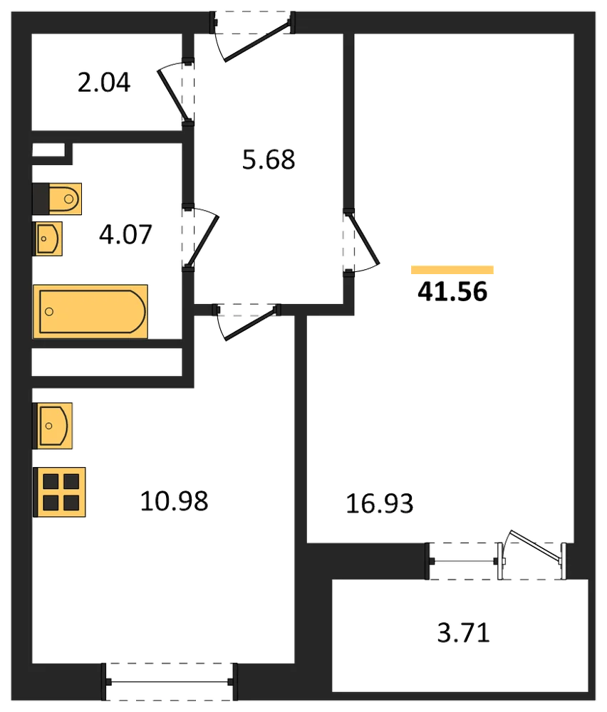 Планировка: 1-комн., 41,6 м²