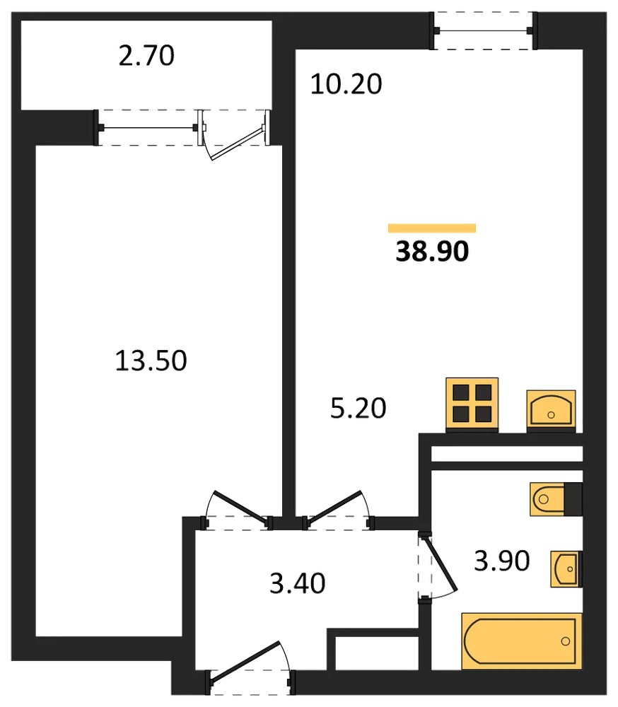 Планировка: 1-комн., 38,9 м²