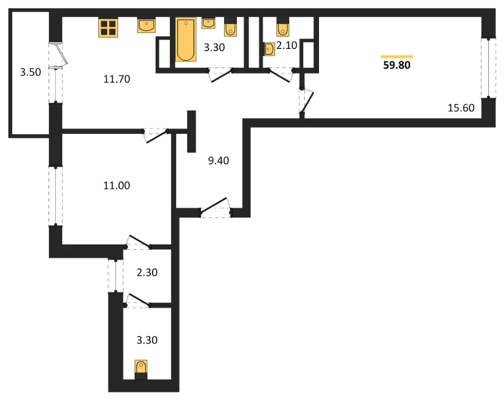 Планировка: 2-комн., 59,8 м²