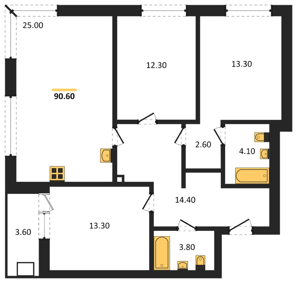 Планировка: 3-комн., 90,6 м²