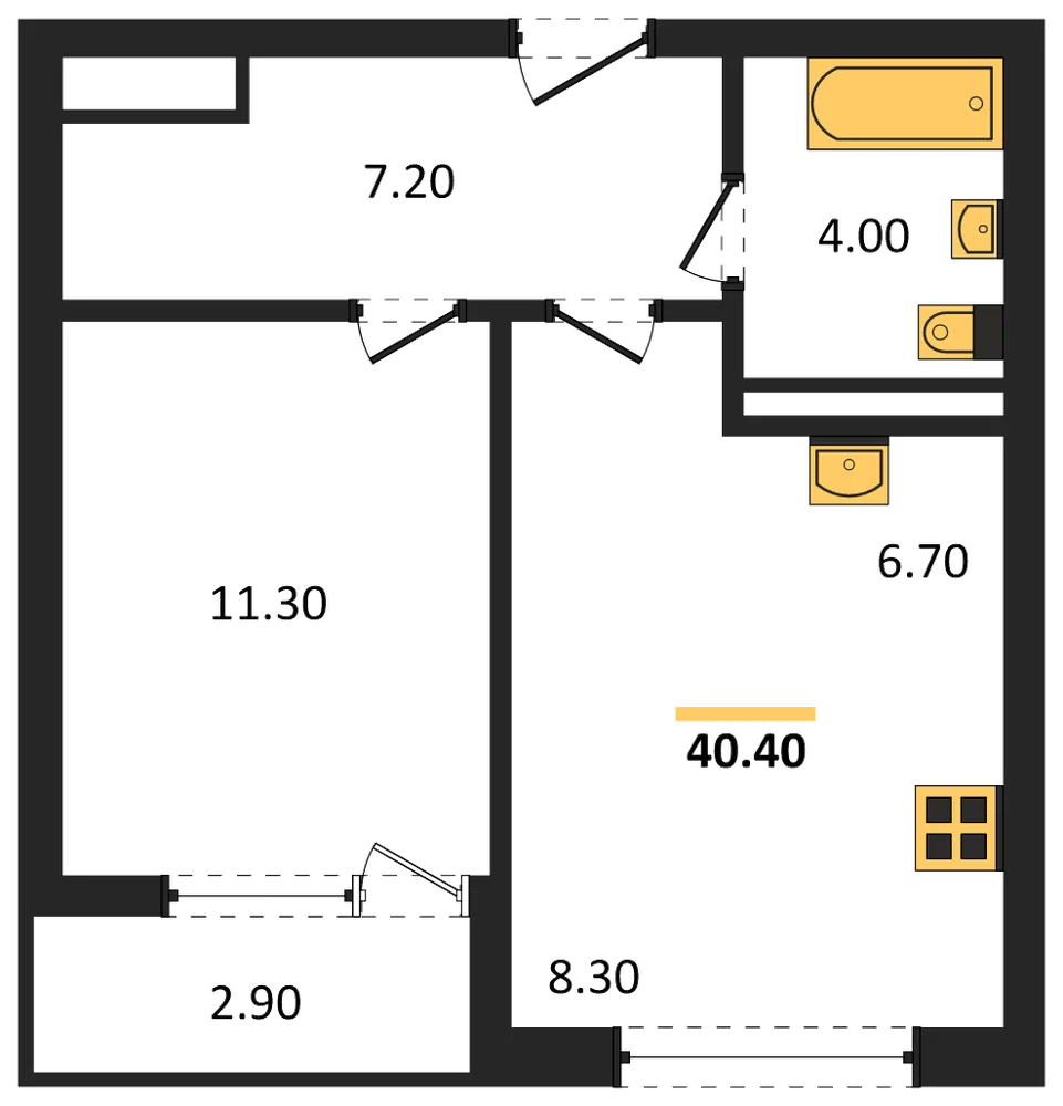 Планировка: 1-комн., 40,4 м²