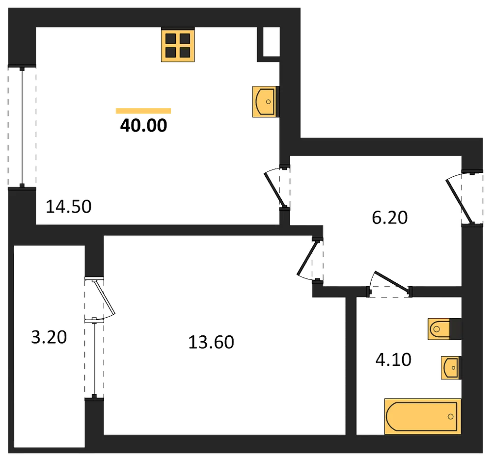 Планировка: 1-комн., 40 м²