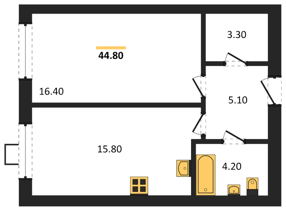 Планировка: 1-комн., 44,8 м²