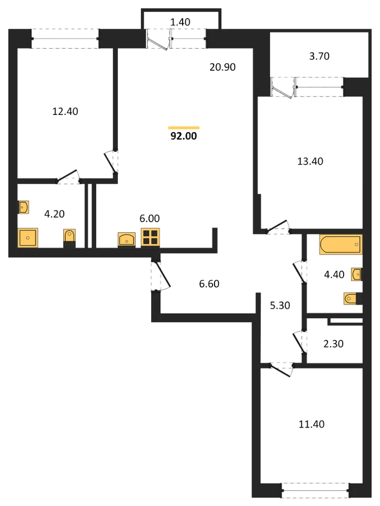 Планировка: 3-комн., 92 м²