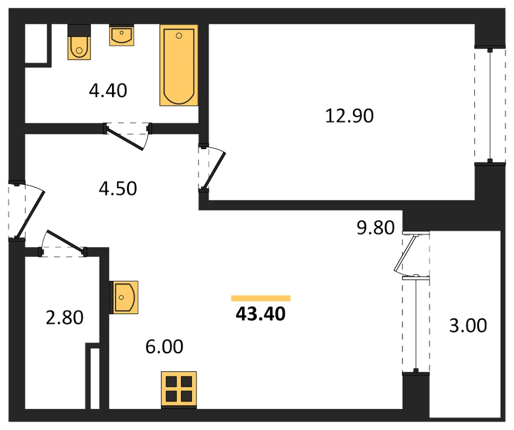 Планировка: 1-комн., 43,4 м²