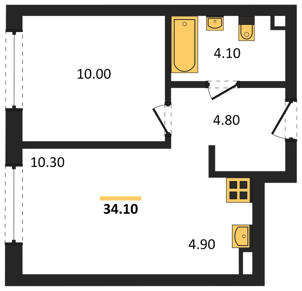 Планировка: 1-комн., 34,1 м²