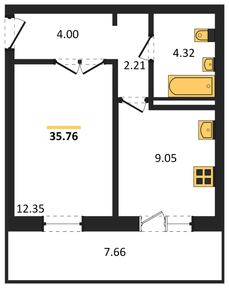 Планировка: 1-комн., 35,8 м²