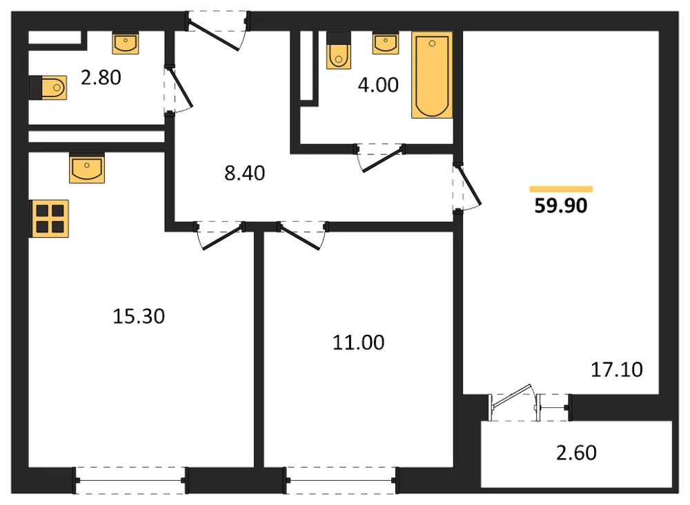 Планировка: 2-комн., 59,9 м²
