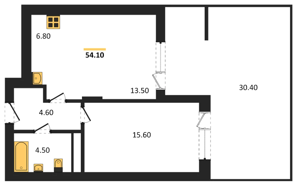 Планировка: 1-комн., 52,6 м²