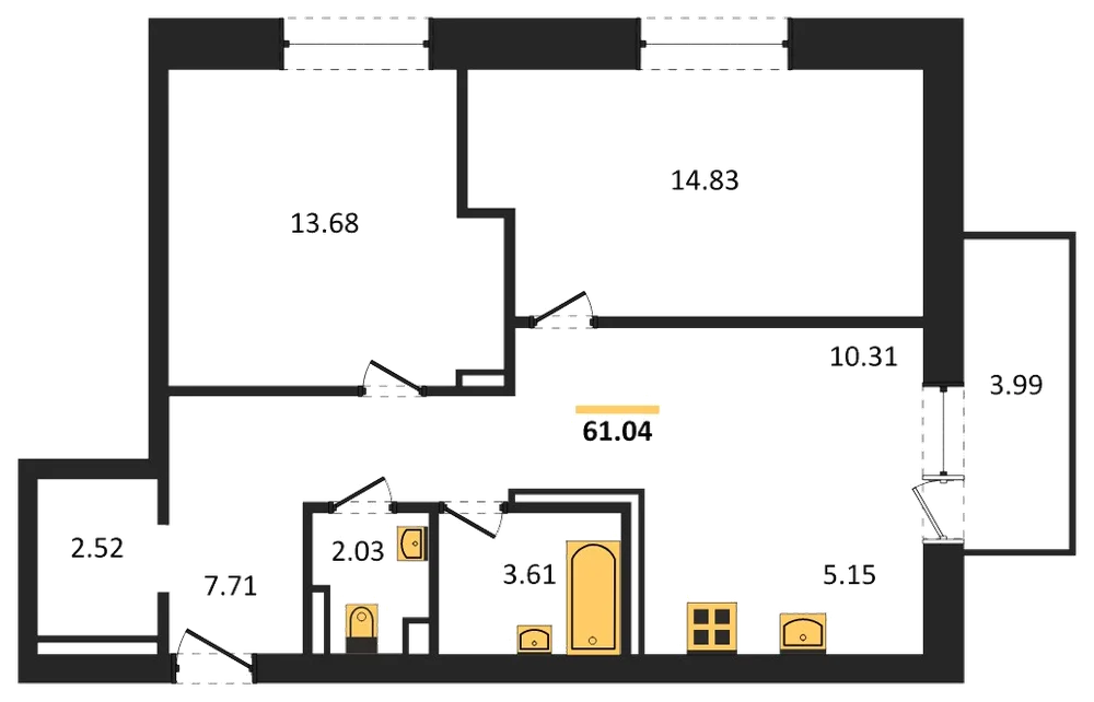 Планировка: 2-комн., 61 м²