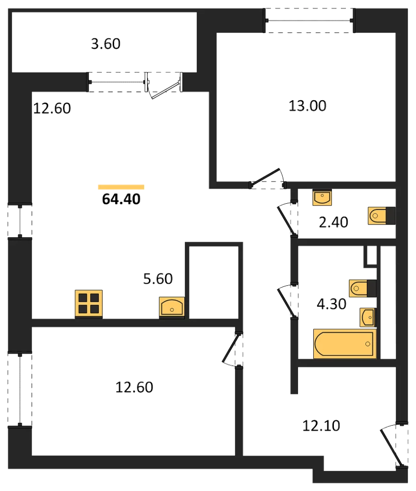 Планировка: 2-комн., 64,4 м²
