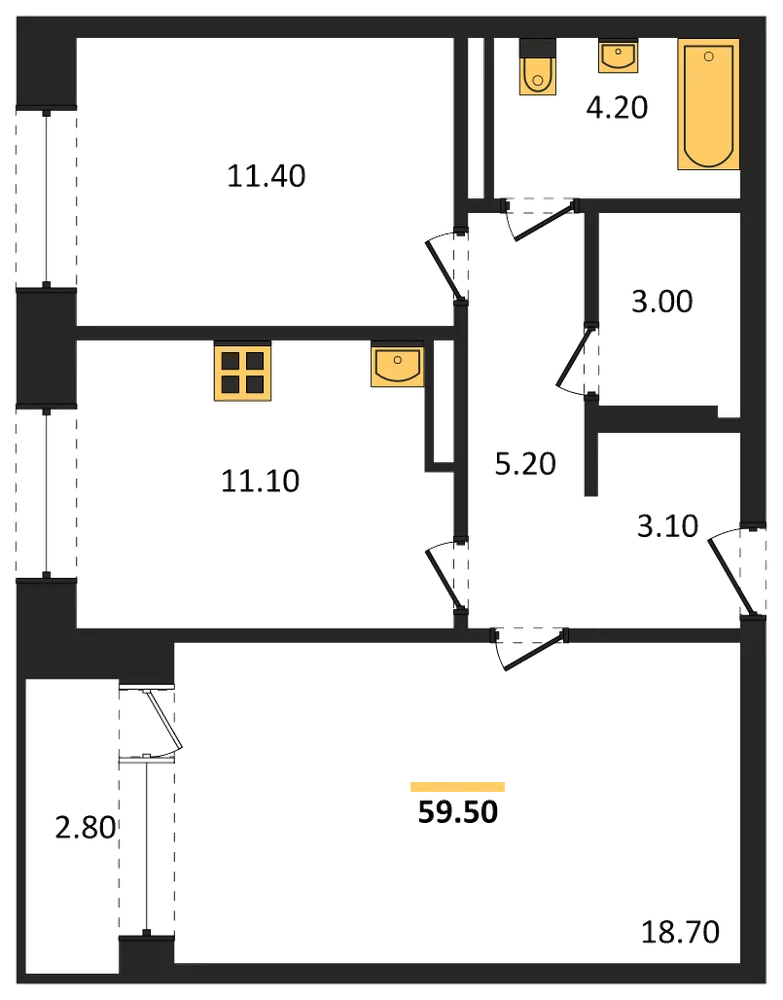 Планировка: 2-комн., 59,5 м²