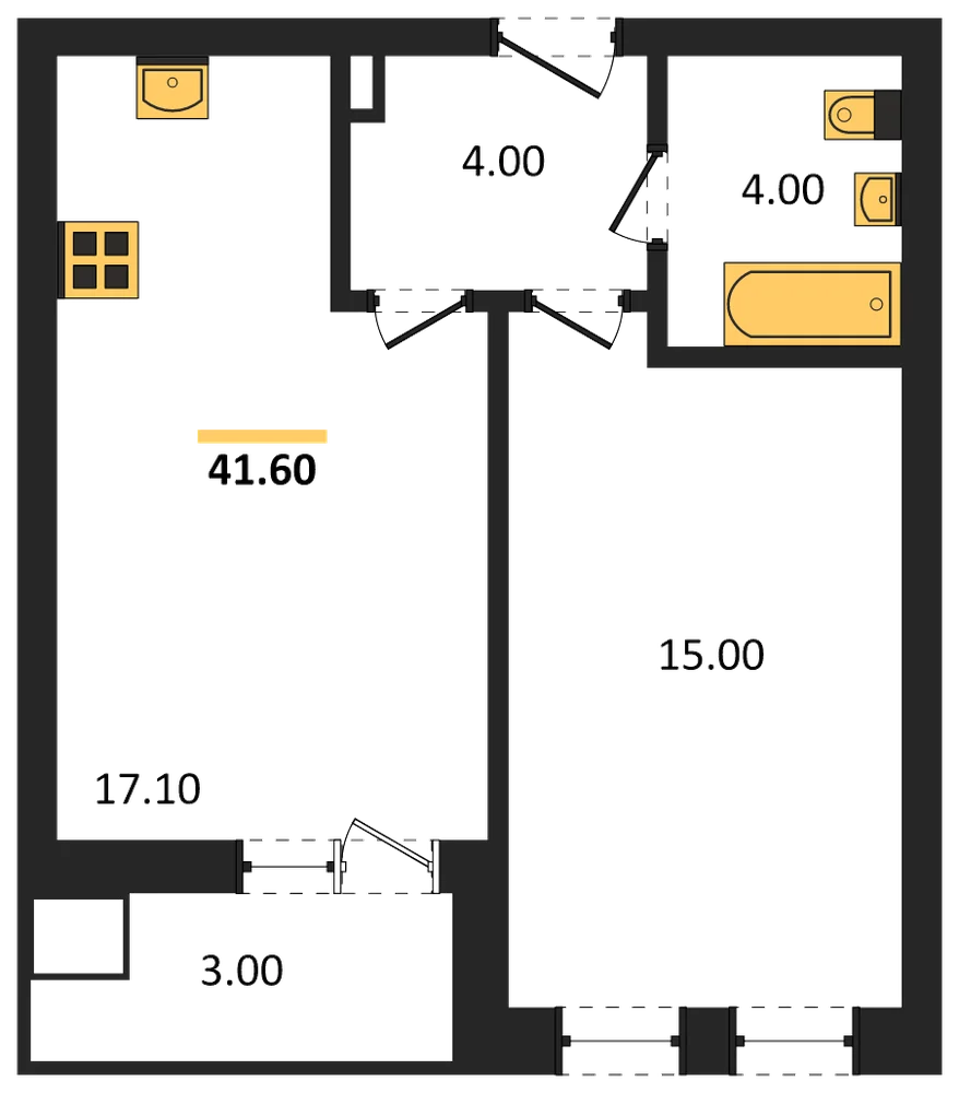 Планировка: 1-комн., 41,6 м²