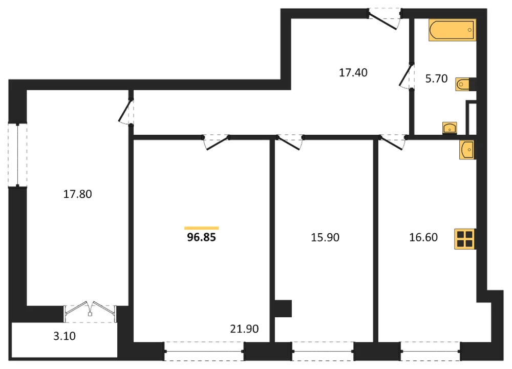 Планировка: 3-комн., 96,7 м²