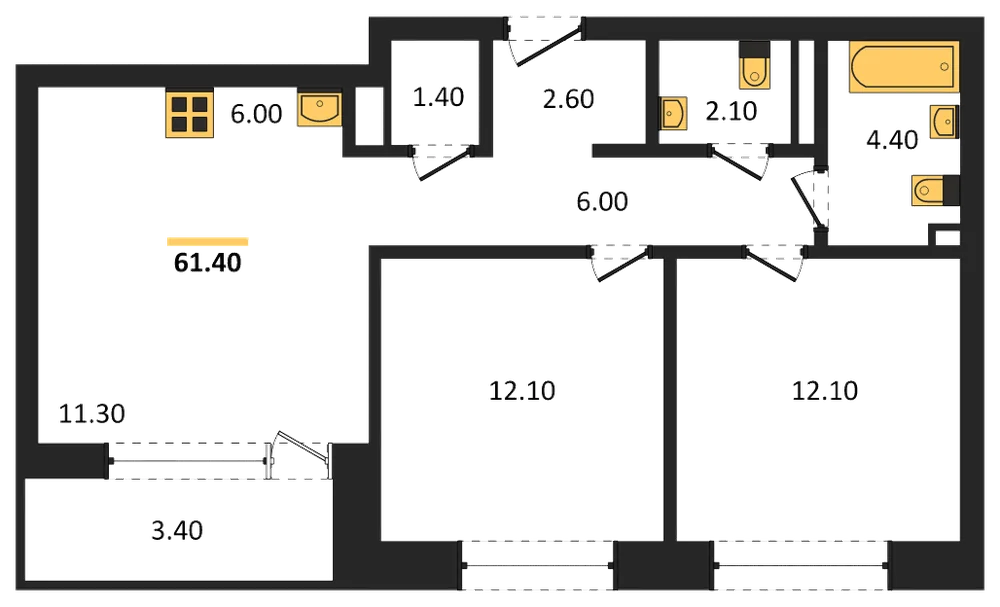 Планировка: 2-комн., 61,4 м²