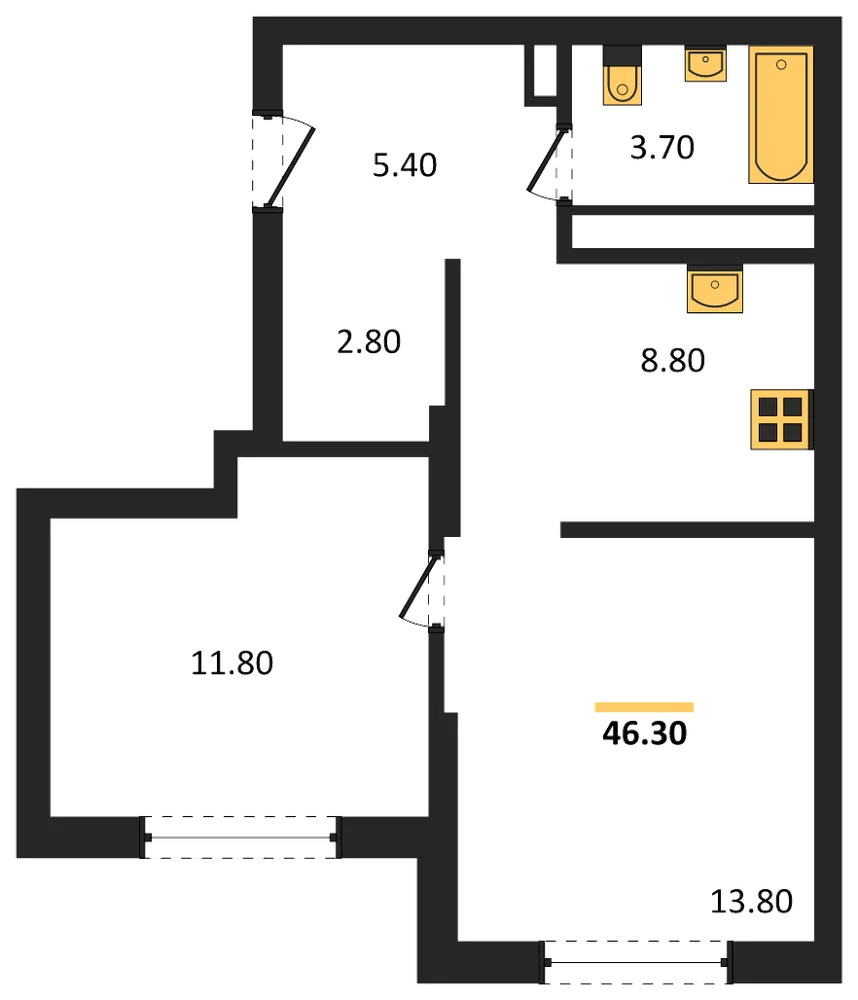 Планировка: 1-комн., 46,3 м²