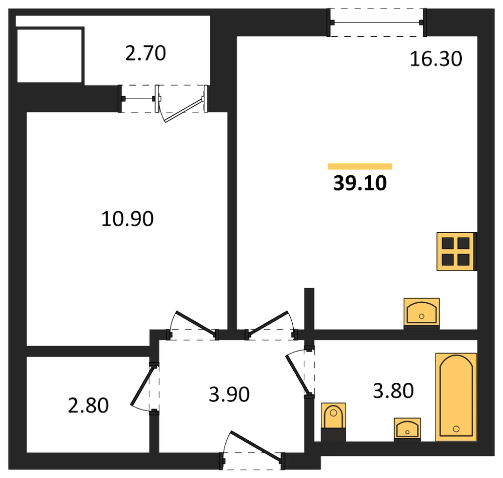 Планировка: 1-комн., 39,1 м²