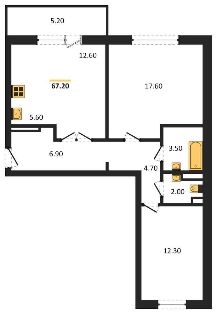 Планировка: 2-комн., 67,2 м²