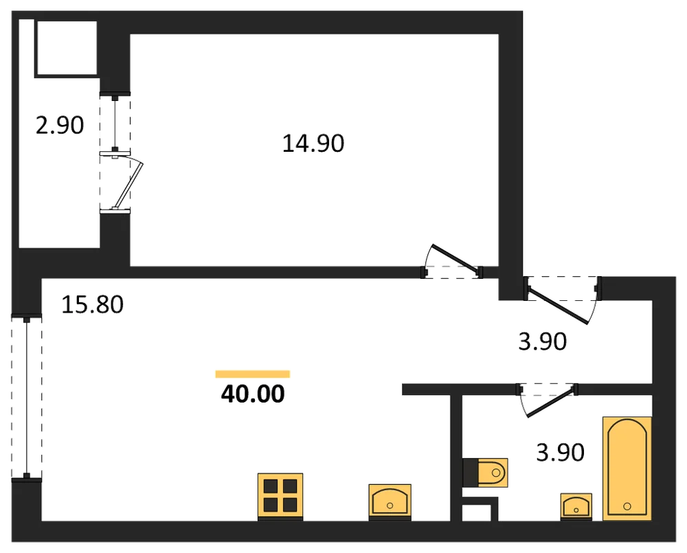 Планировка: 1-комн., 40 м²
