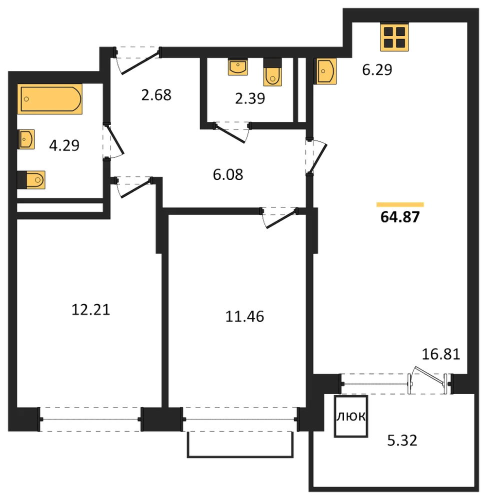 Планировка: 2-комн., 64,9 м²