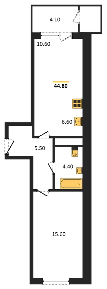 Планировка: 1-комн., 44,8 м²