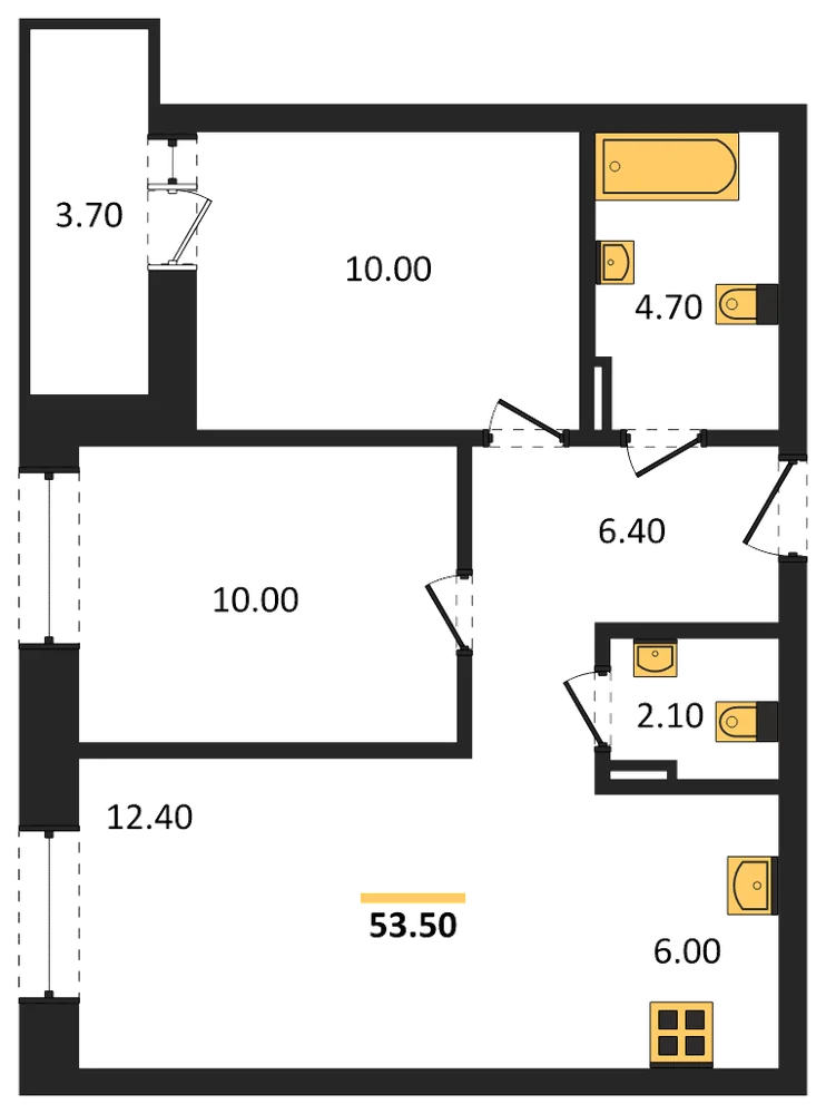 Планировка: 2-комн., 51,6 м²