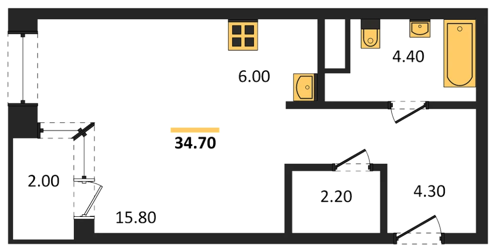 Планировка: Студия, 34,7 м²