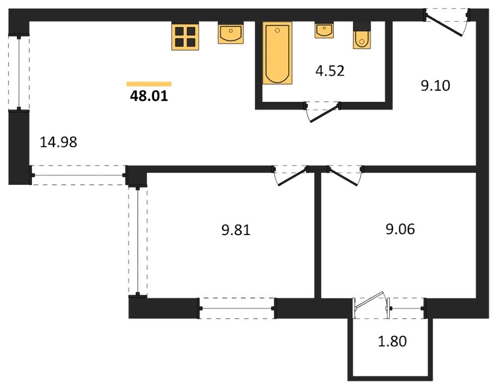 Планировка: 2-комн., 47,6 м²