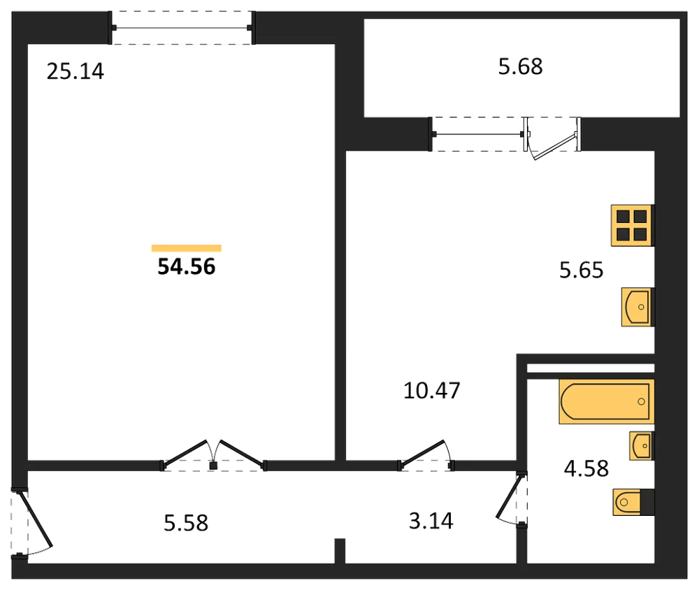 Планировка: 1-комн., 54,5 м²