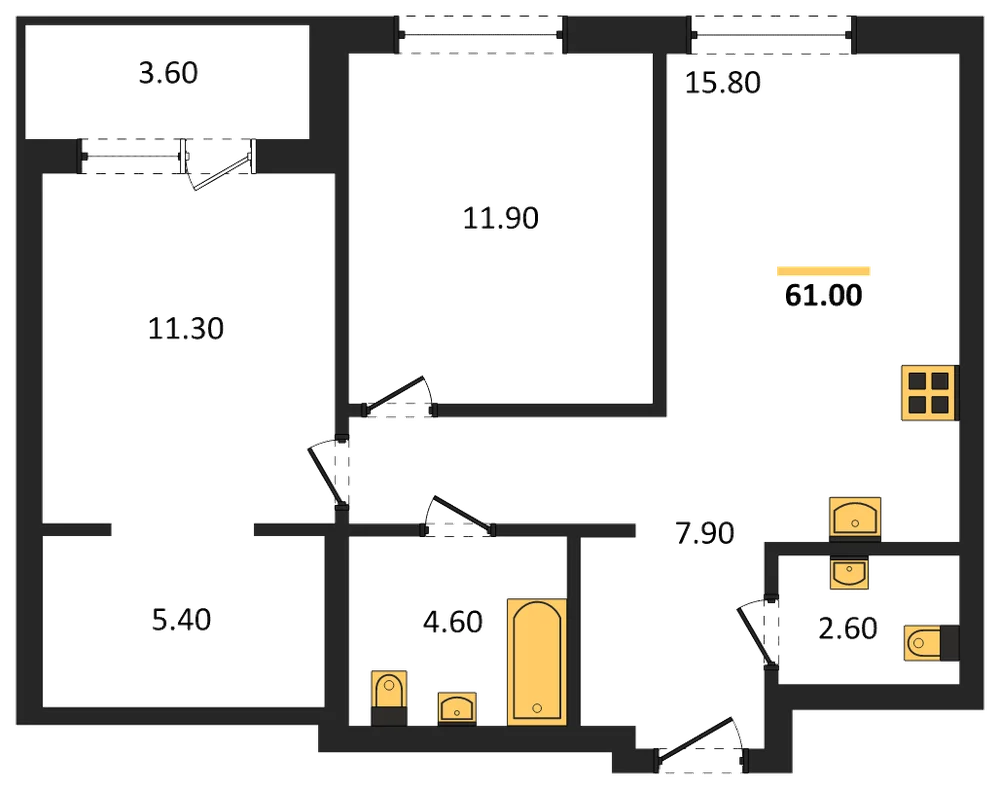Планировка: 2-комн., 60,7 м²