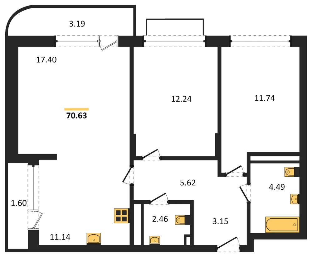 Планировка: 2-комн., 70,6 м²